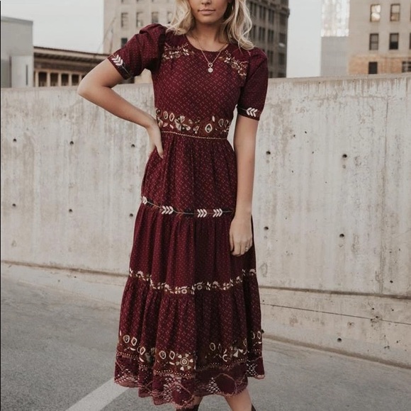 bohme Dresses & Skirts - Böhme Spanish Embroidered Maxi Dress in Burgundy